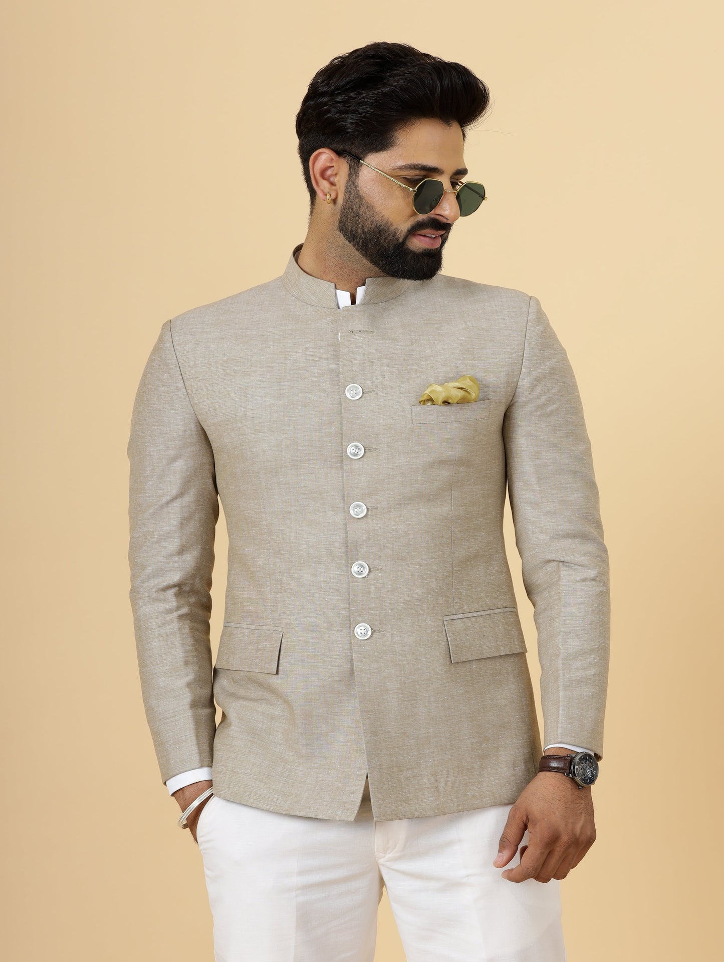 Bespoke Camel Brown Linen Jodhpuri Bandhgala Suit For Men | White Trouser |