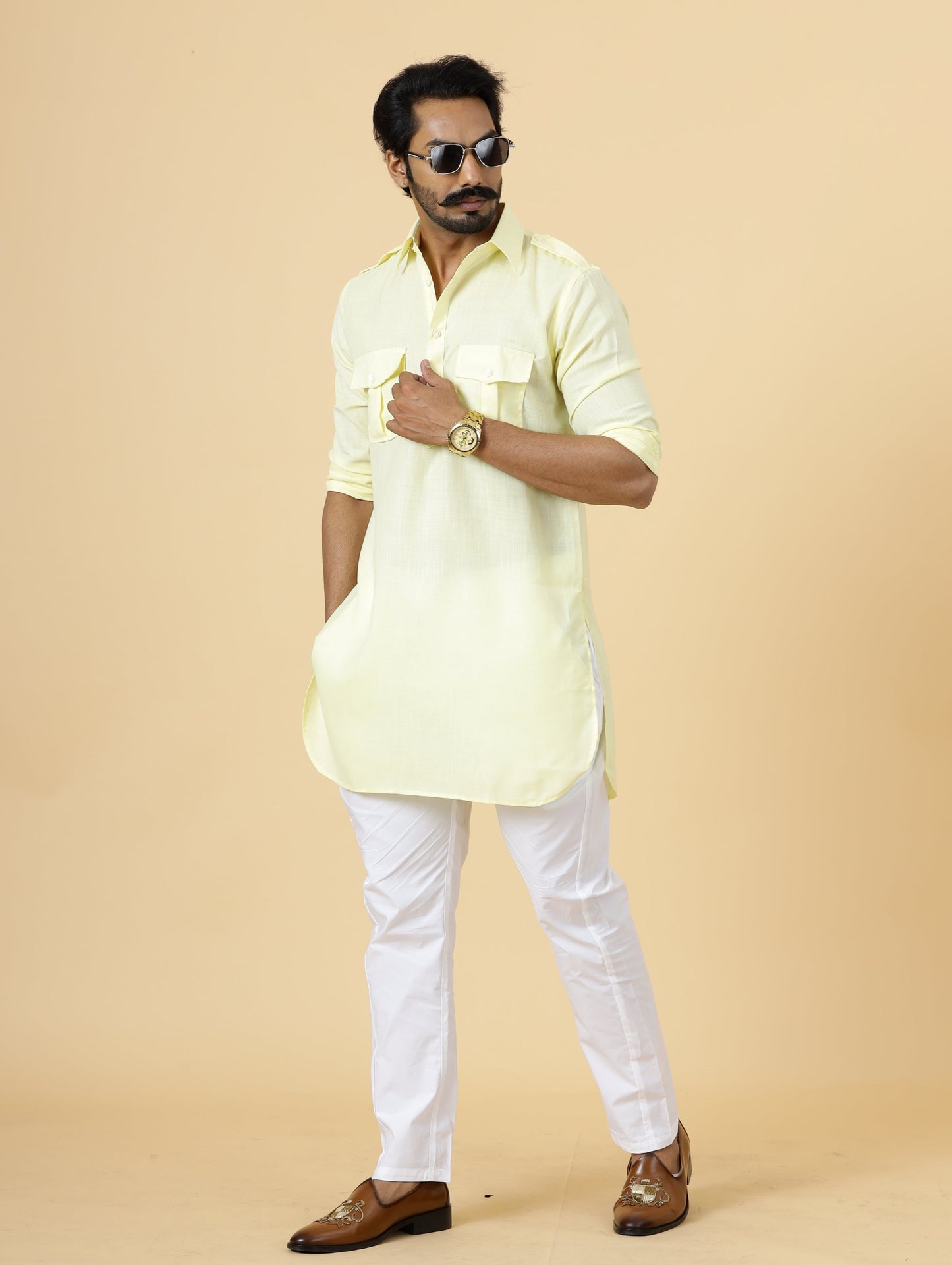 Light Yellow Cotton Hunting Style Kurta-Pajama Set