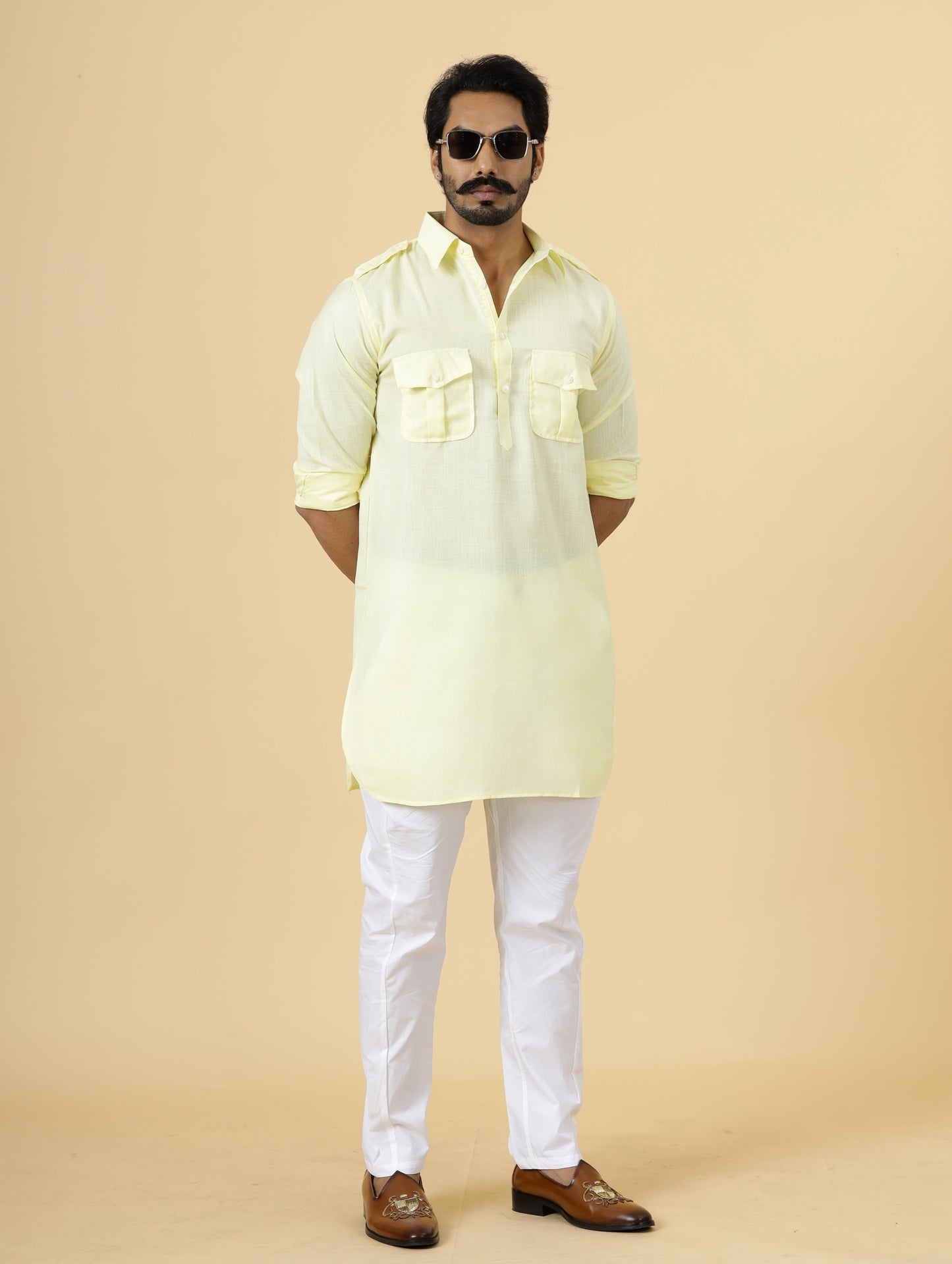 Light Yellow Cotton Hunting Style Kurta-Pajama Set