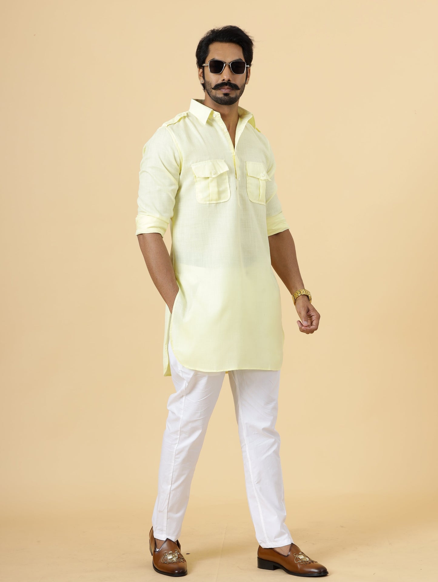 Light Yellow Cotton Hunting Style Kurta-Pajama Set