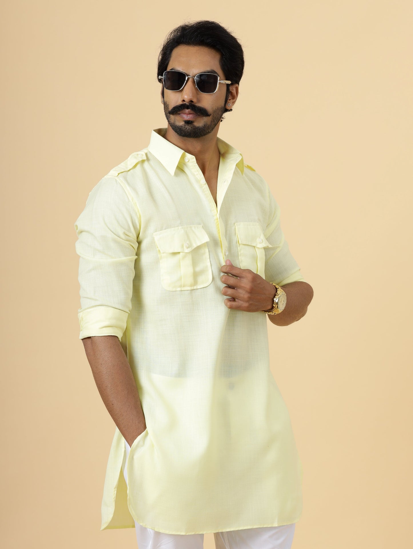 Light Yellow Cotton Hunting Style Kurta-Pajama Set