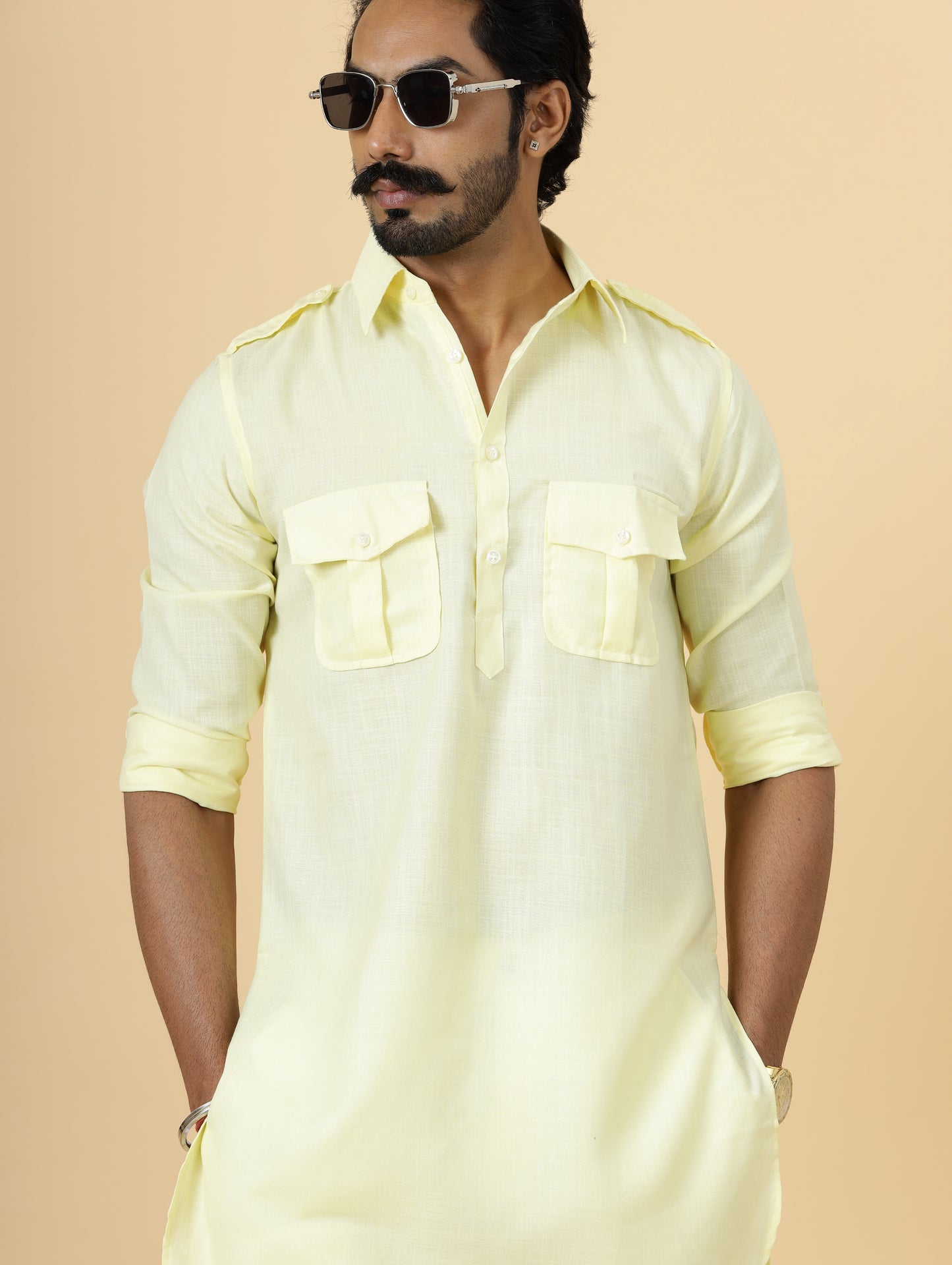 Light Yellow Cotton Hunting Style Kurta-Pajama Set