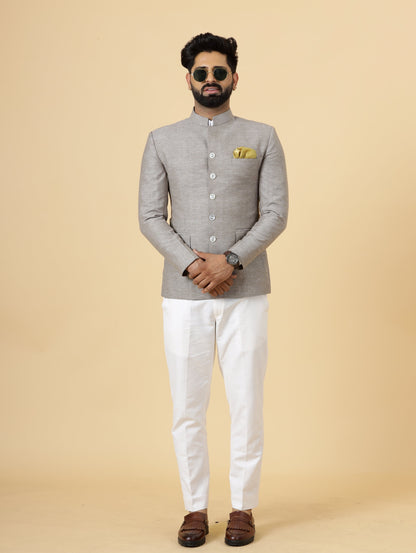 Bespoke Cocoa Brown Linen Jodhpuri Bandhgala Suit For Men | White Trouser |