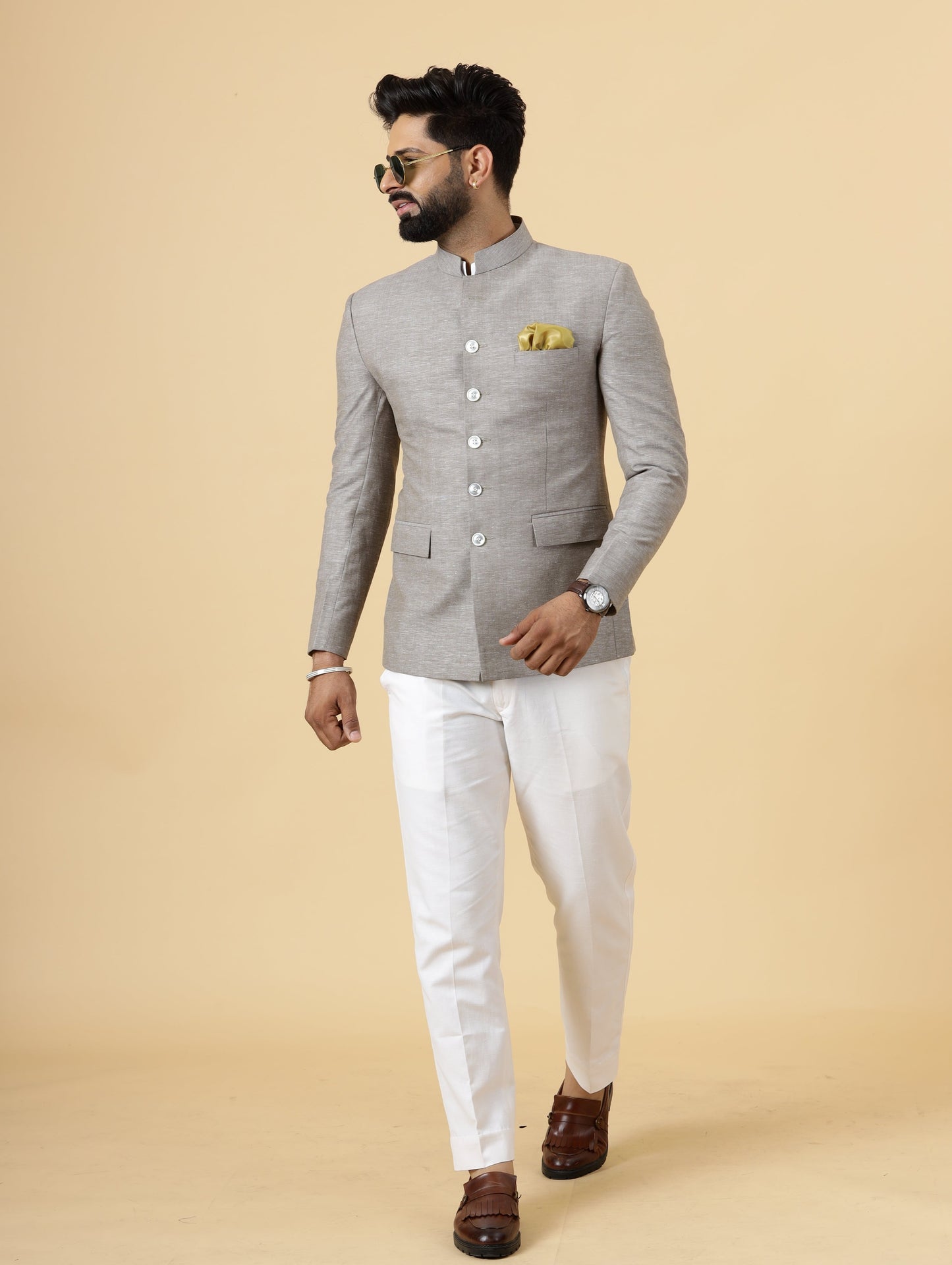 Bespoke Cocoa Brown Linen Jodhpuri Bandhgala Suit For Men | White Trouser |