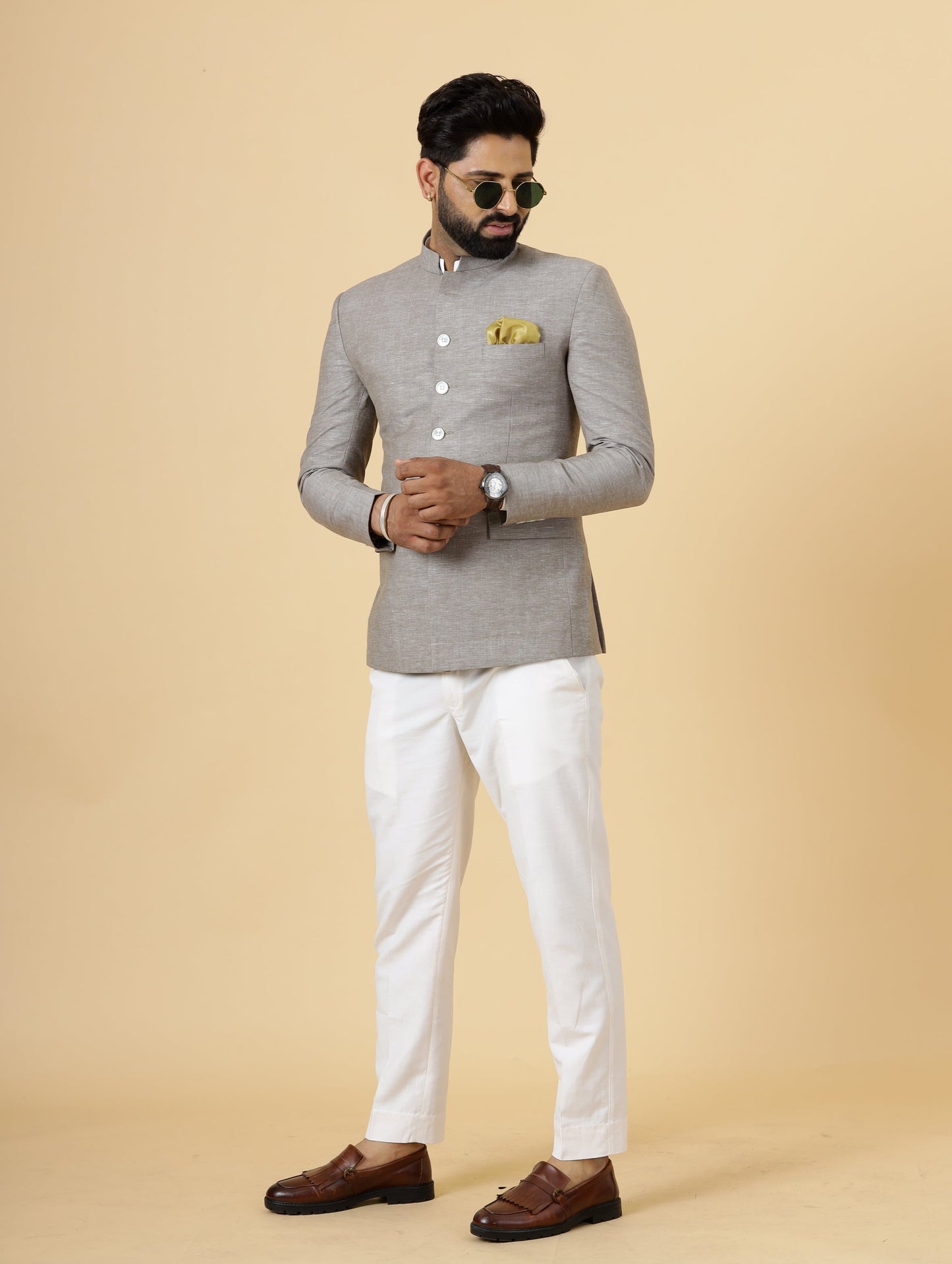 Bespoke Cocoa Brown Linen Jodhpuri Bandhgala Suit For Men | White Trouser |