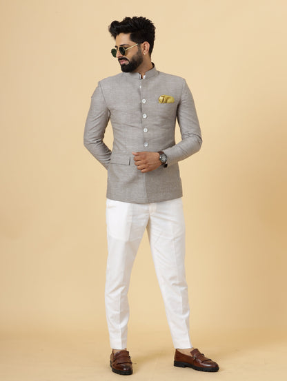 Bespoke Cocoa Brown Linen Jodhpuri Bandhgala Suit For Men | White Trouser |