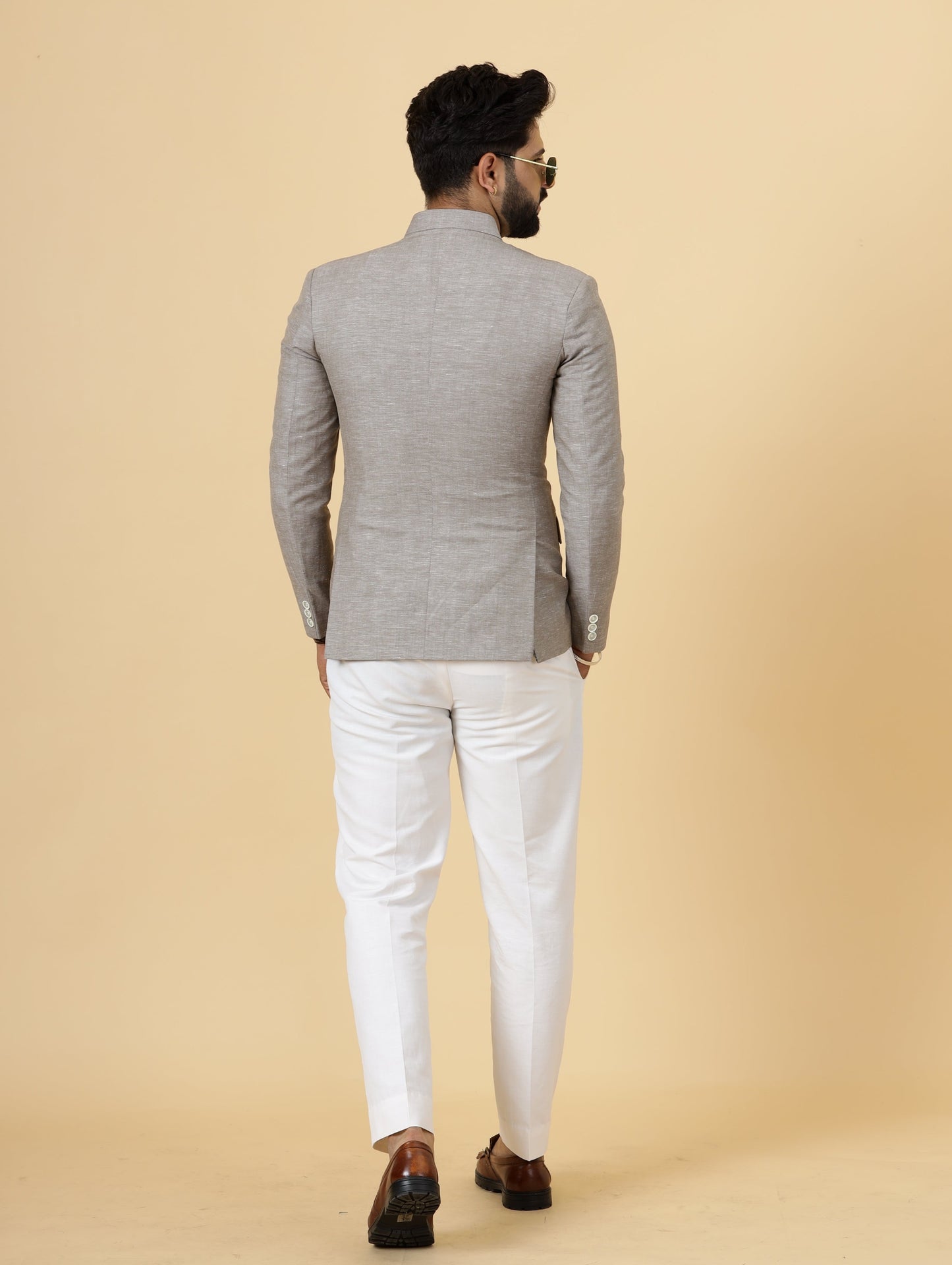 Bespoke Cocoa Brown Linen Jodhpuri Bandhgala Suit For Men | White Trouser |