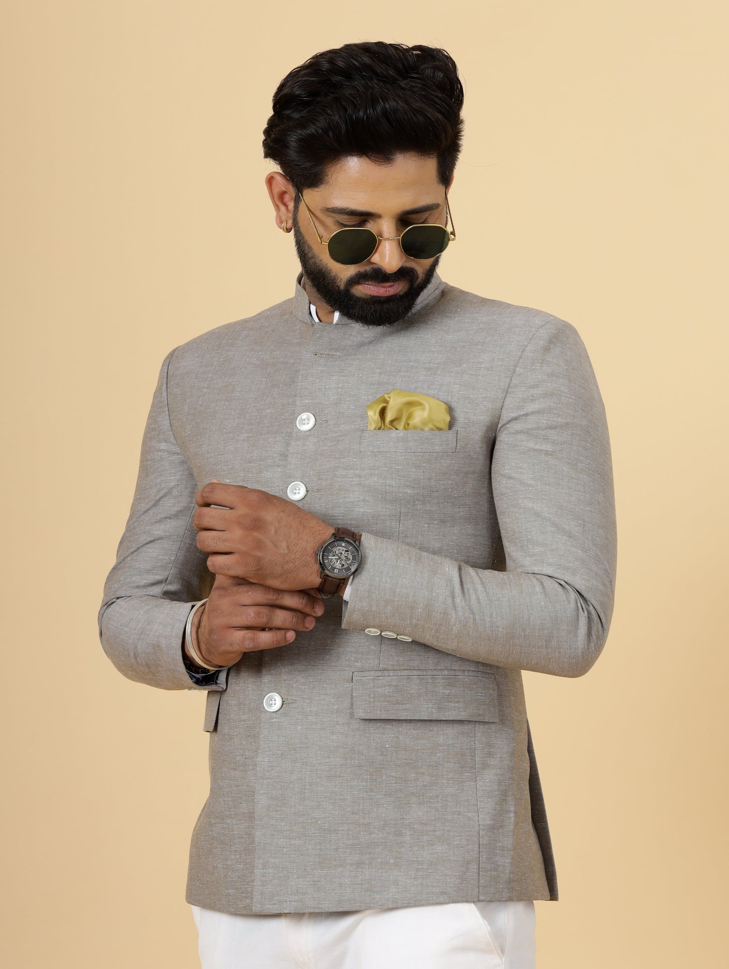 Bespoke Cocoa Brown Linen Jodhpuri Bandhgala Suit For Men | White Trouser |