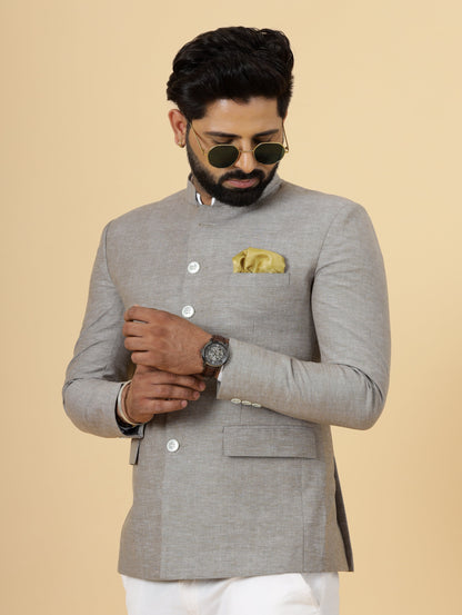 Bespoke Cocoa Brown Linen Jodhpuri Bandhgala Suit For Men | White Trouser |