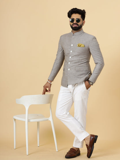 Bespoke Cocoa Brown Linen Jodhpuri Bandhgala Suit For Men | White Trouser |