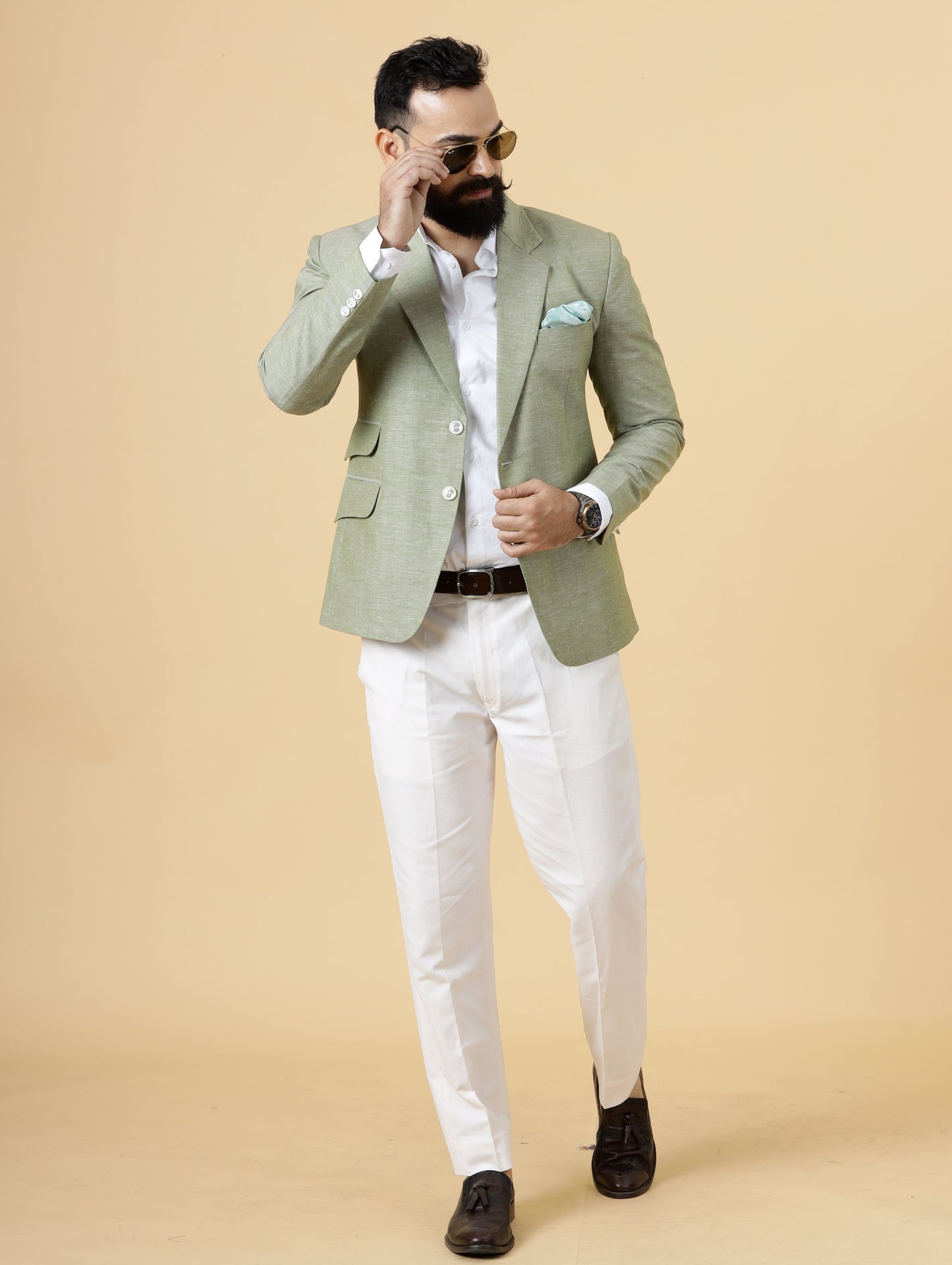 Classy Fern Green Linen 2-Piece Suit for Men | White Trouser |