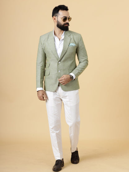 Classy Fern Green Linen 2-Piece Suit for Men | White Trouser |