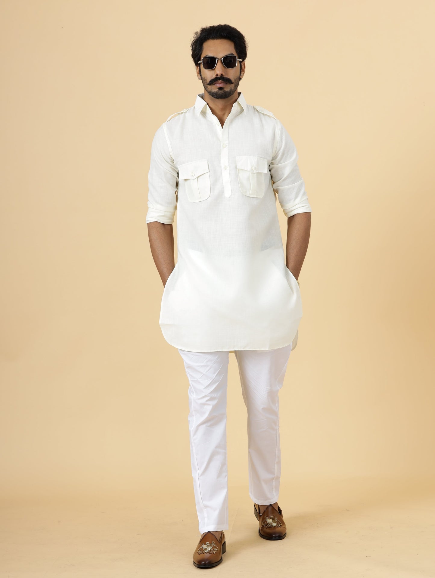 Off-White Hunting Style Kurta-Pajama Set