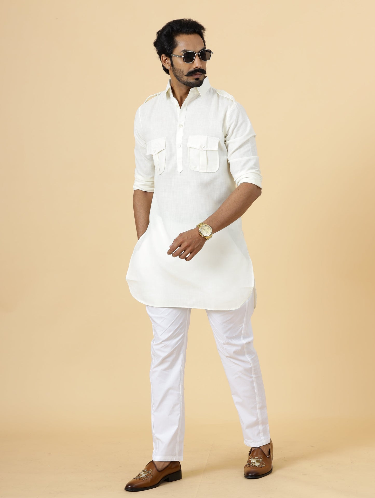 Off-White Hunting Style Kurta-Pajama Set