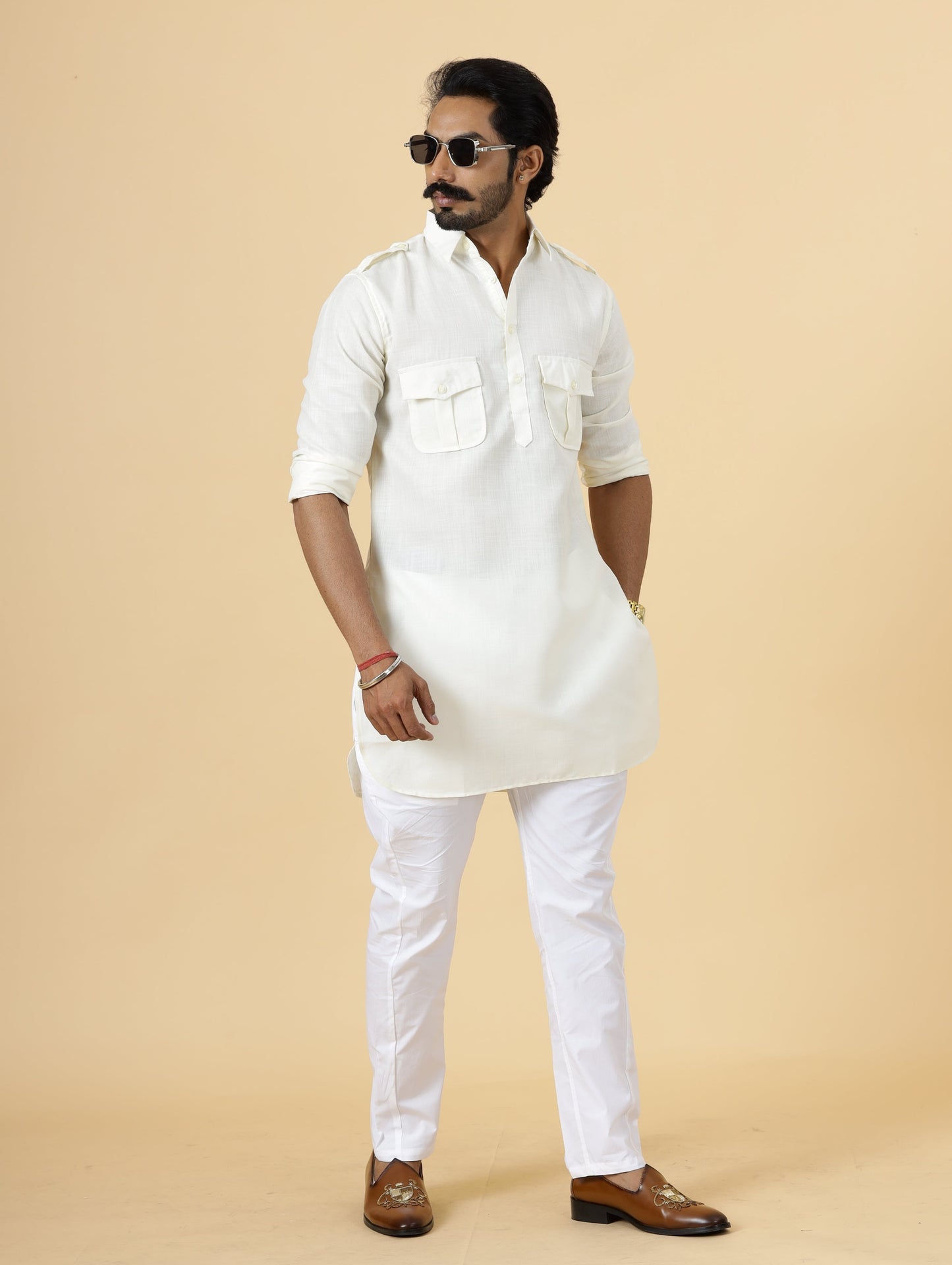 Off-White Hunting Style Kurta-Pajama Set