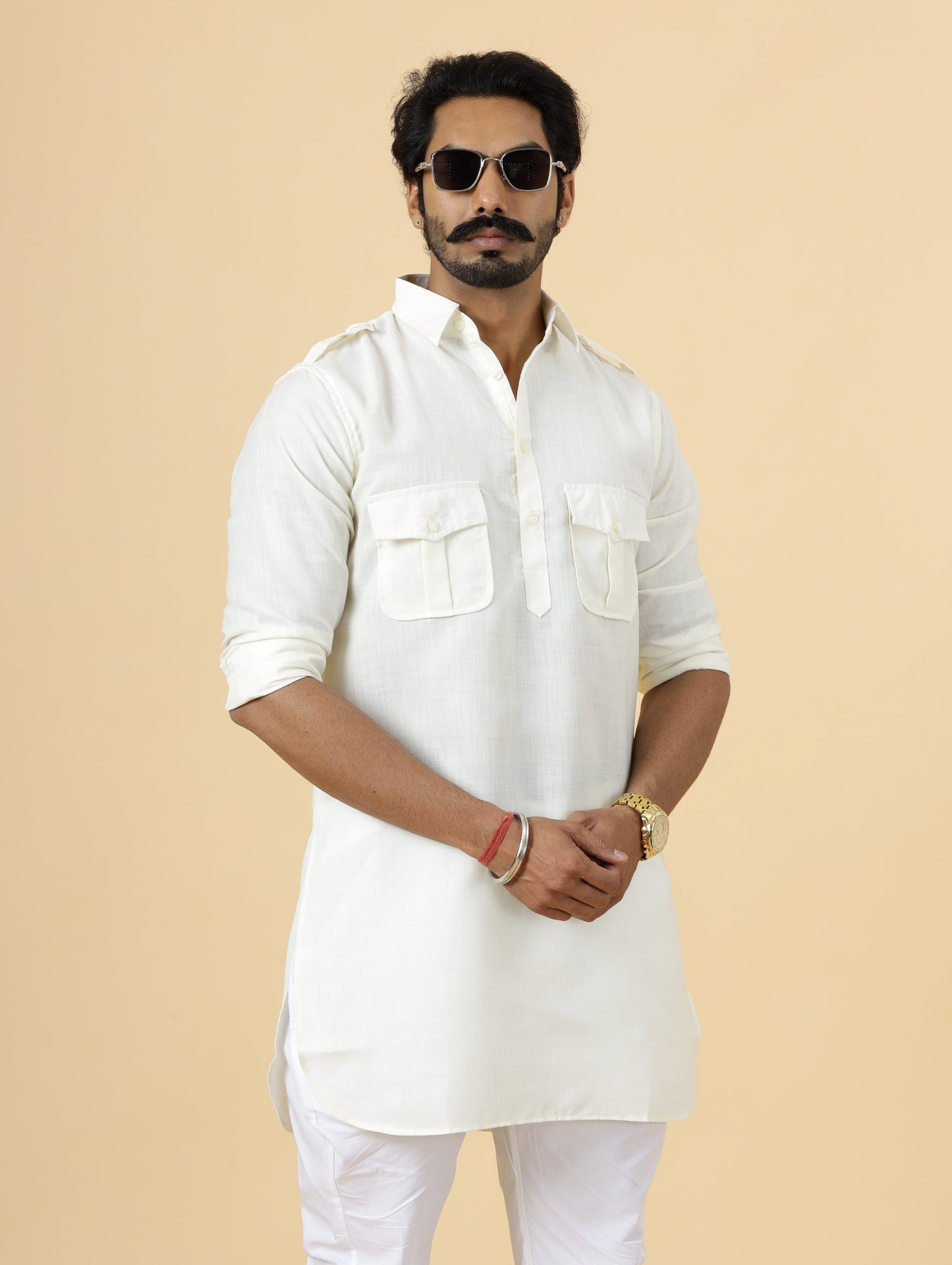 Off-White Hunting Style Kurta-Pajama Set