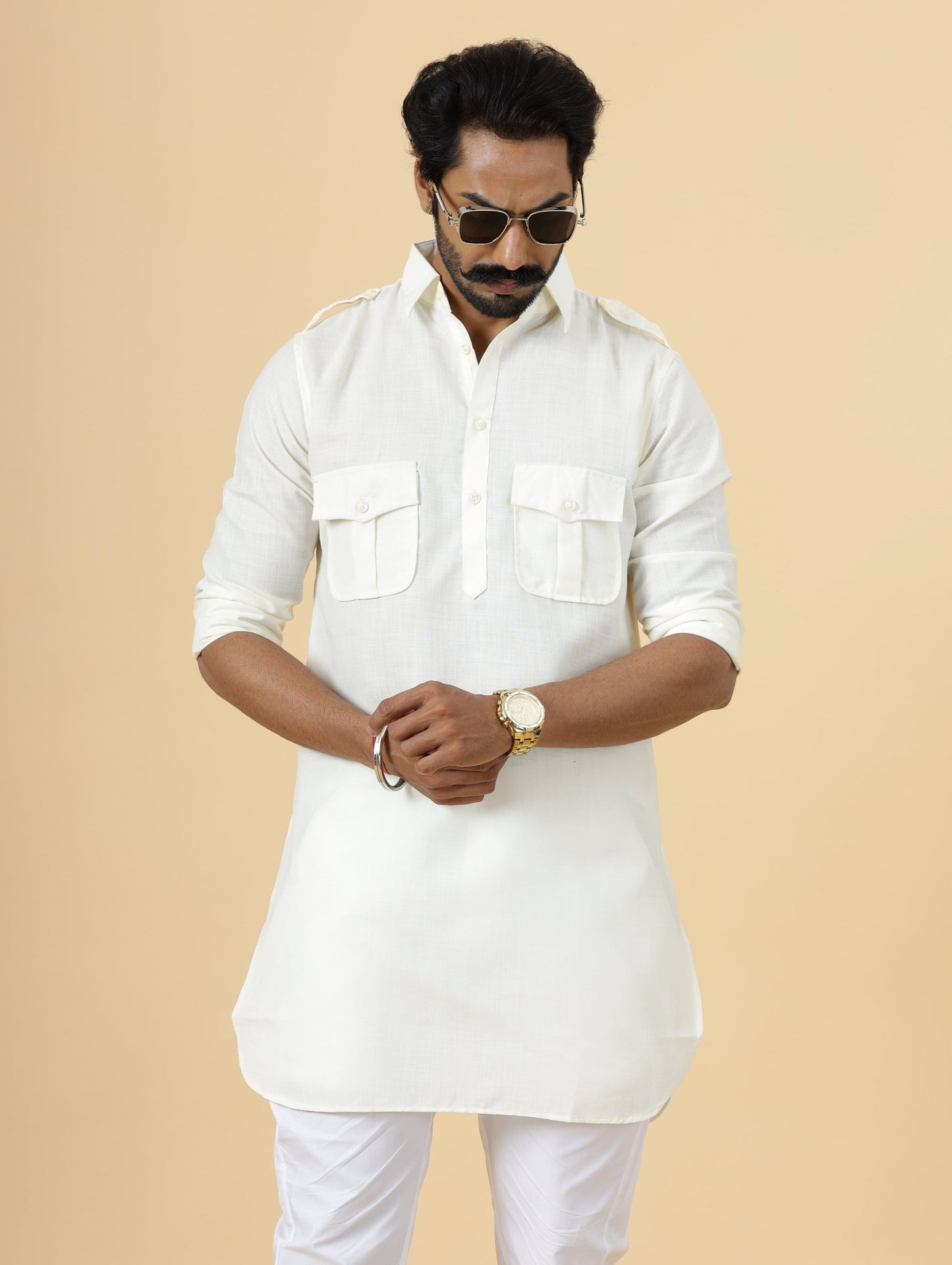 Off-White Hunting Style Kurta-Pajama Set