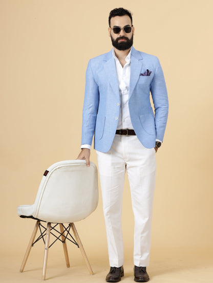 Classy Azure Blue Linen 2-Piece Suit for Men | White Trouser |