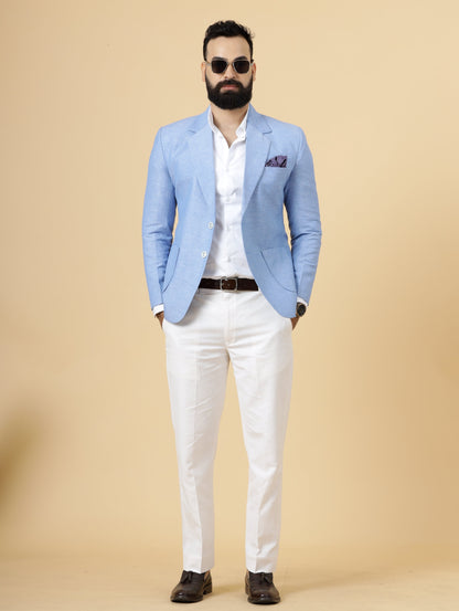 Classy Azure Blue Linen 2-Piece Suit for Men | White Trouser |