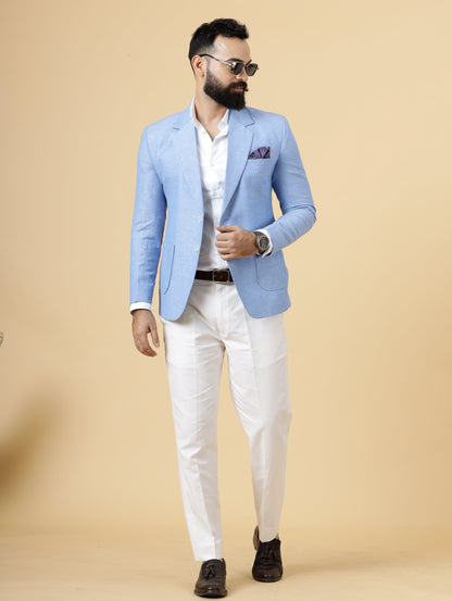 Classy Azure Blue Linen 2-Piece Suit for Men | White Trouser |