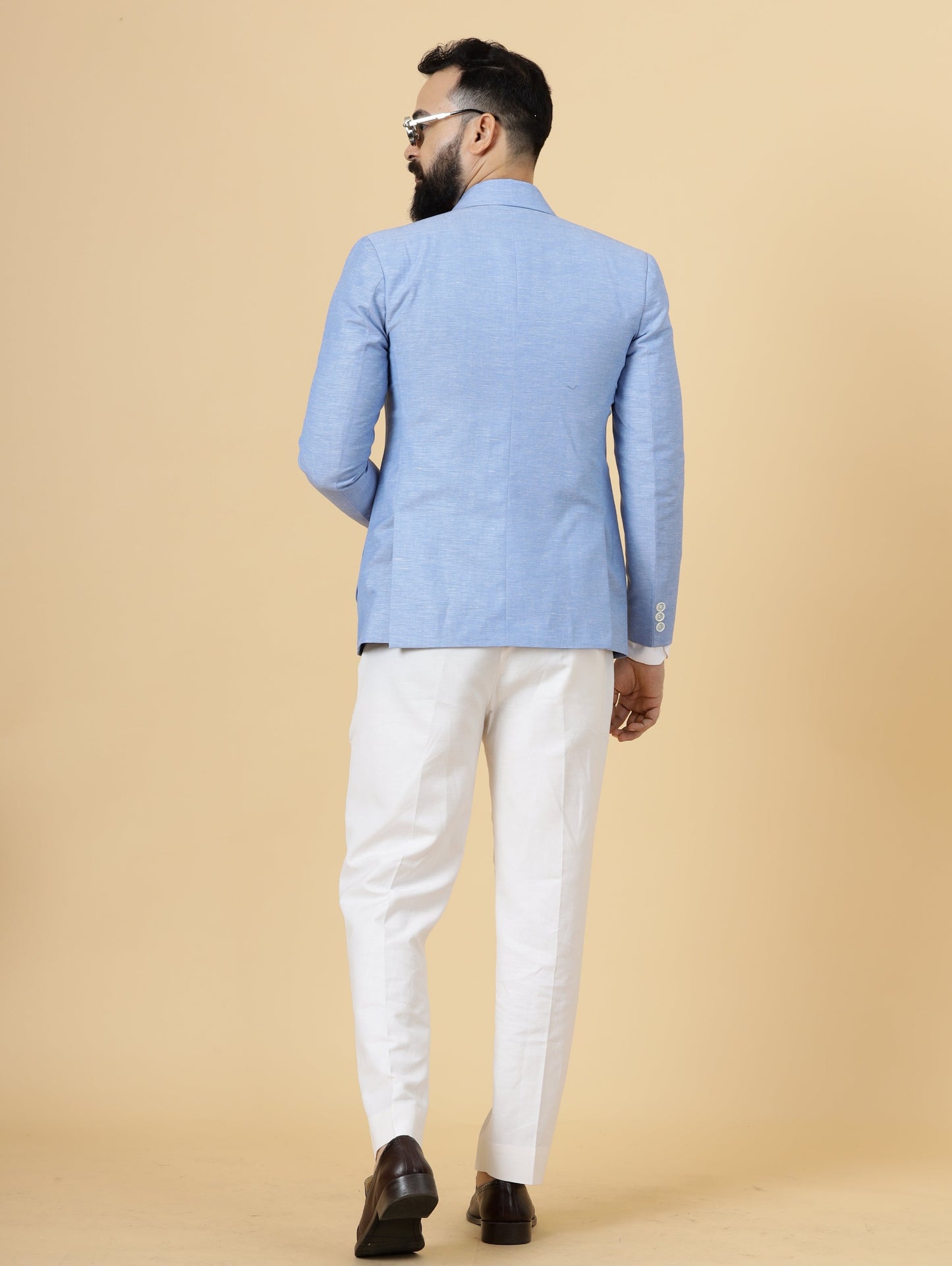 Classy Azure Blue Linen 2-Piece Suit for Men | White Trouser |