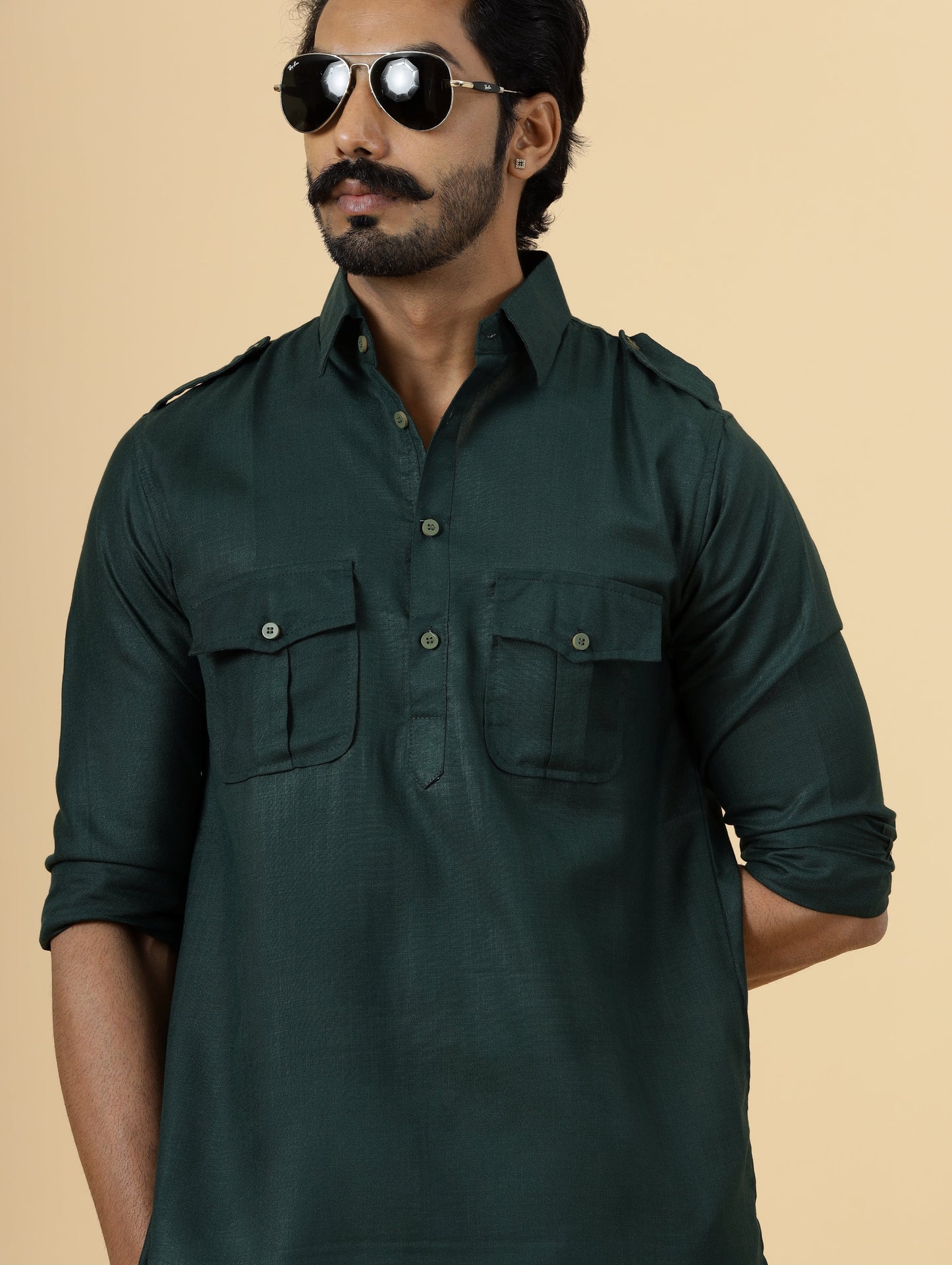 Dark Green Hunting Style Kurta-Pajama Set