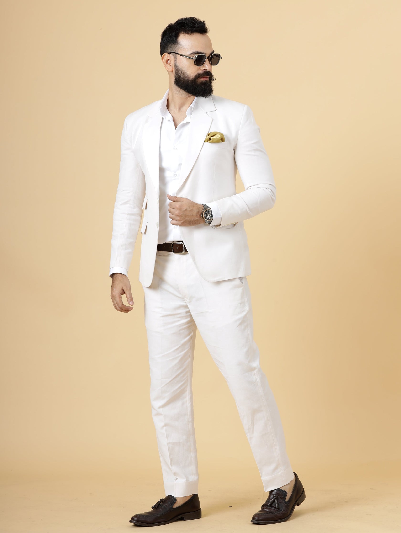 Men's White 100% Linen Two Piece Regular Fit Suit Flat Front Pants - Mens Linen Suit main image 0