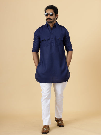 Navy Blue Cotton Hunting only kurta