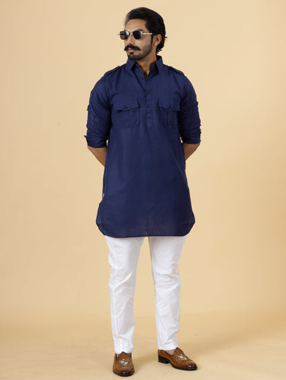 Navy Blue Cotton Hunting Style Kurta-Pajama Set