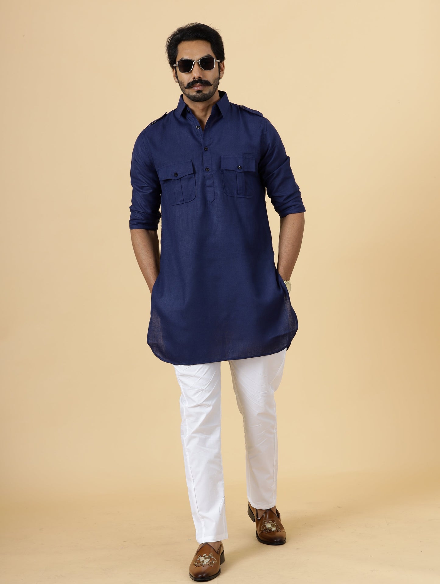 Navy Blue Cotton Hunting Style Kurta-Pajama Set