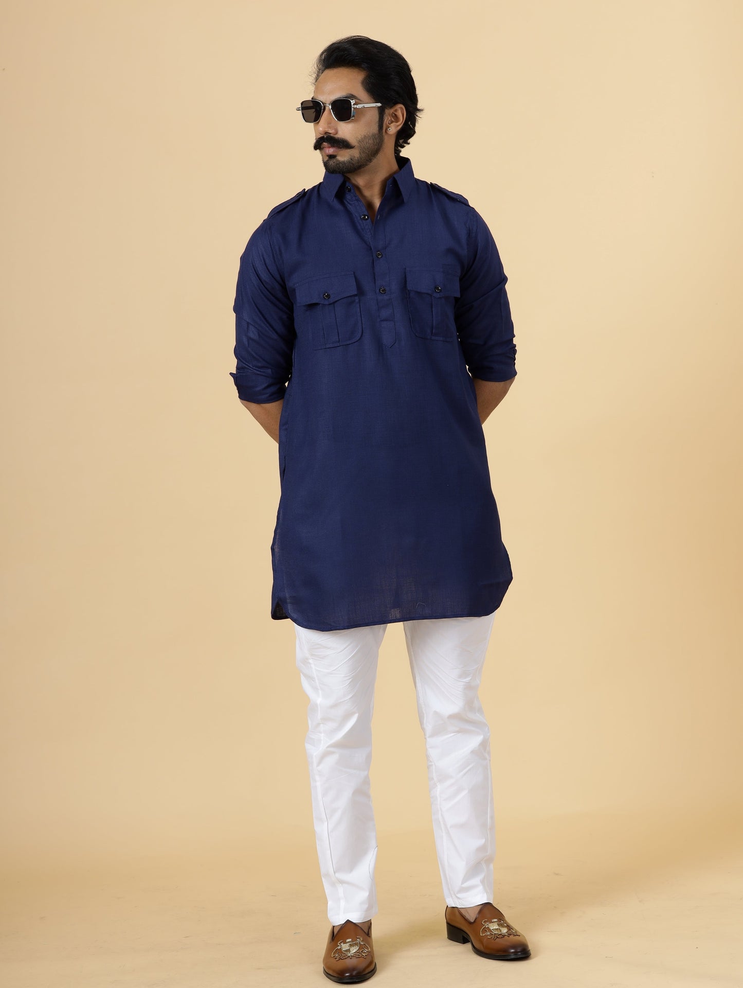 Navy Blue Cotton Hunting Style Kurta-Pajama Set