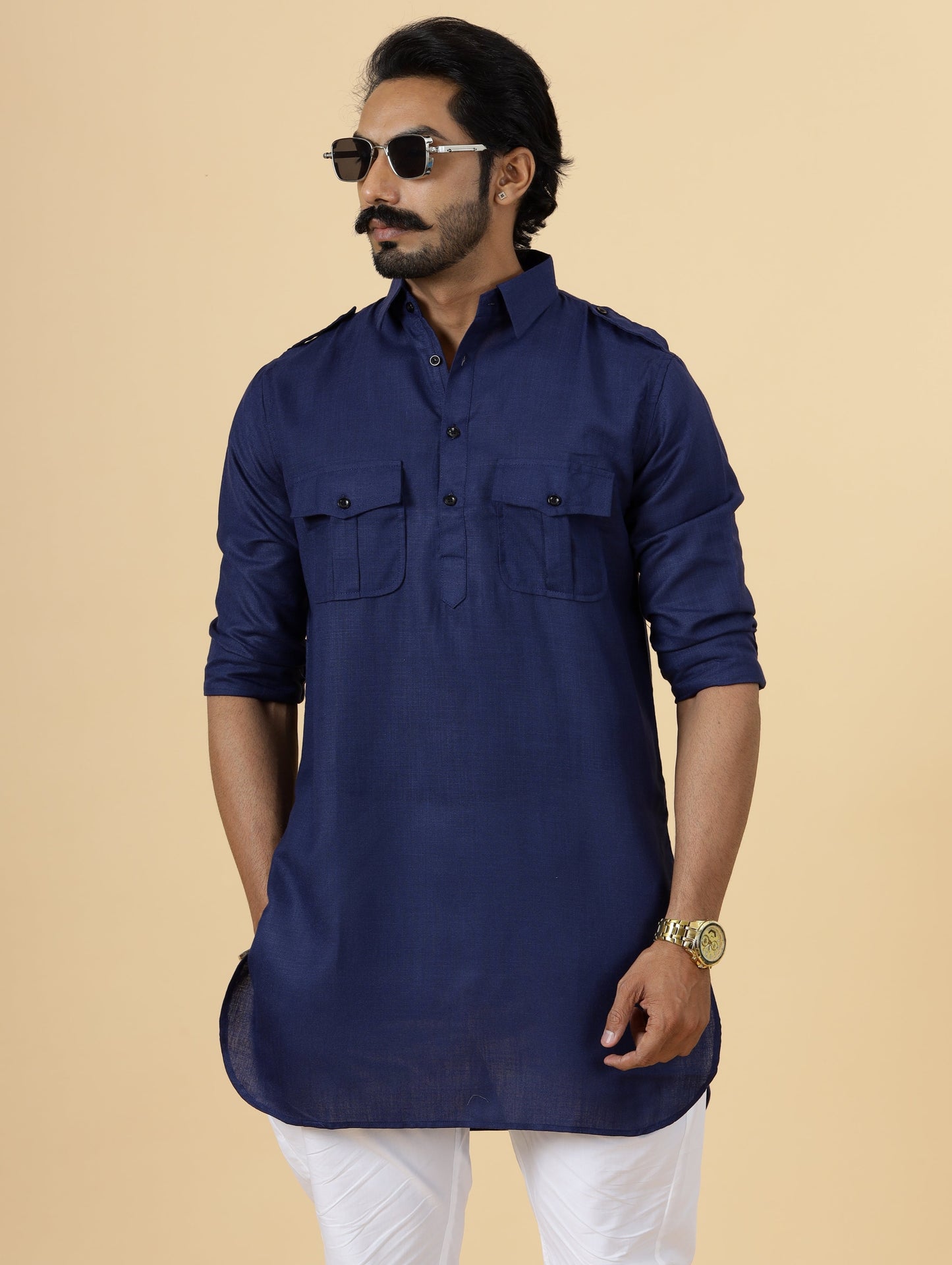 Navy Blue Cotton Hunting only kurta