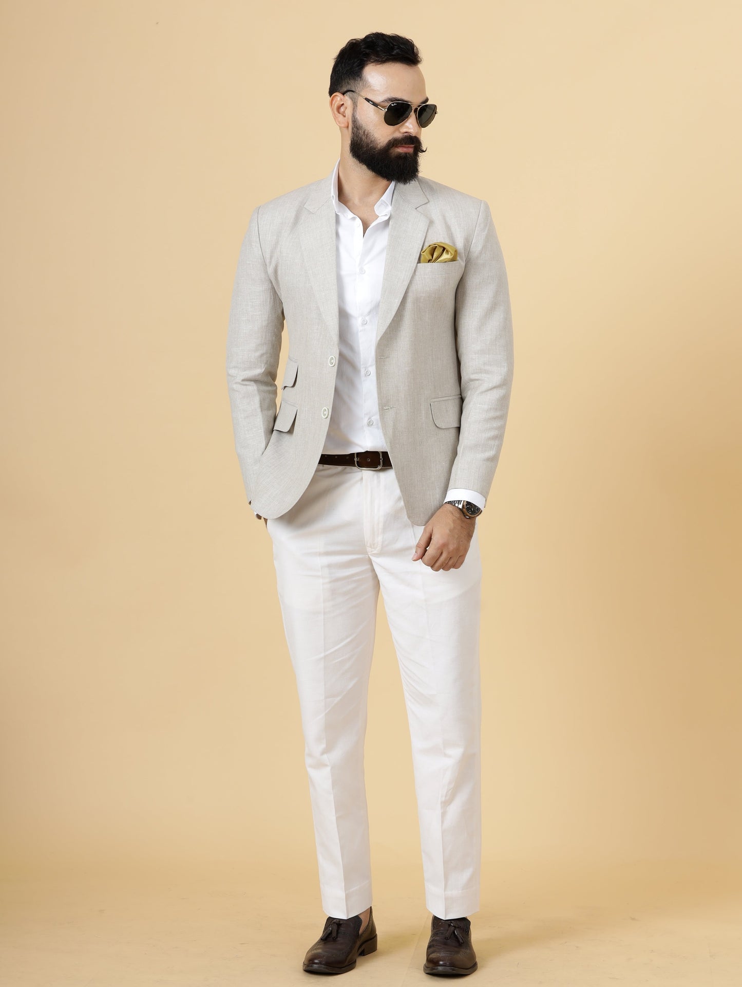 Classy Beige Linen 2-Piece Suit for Men | White Trouser |