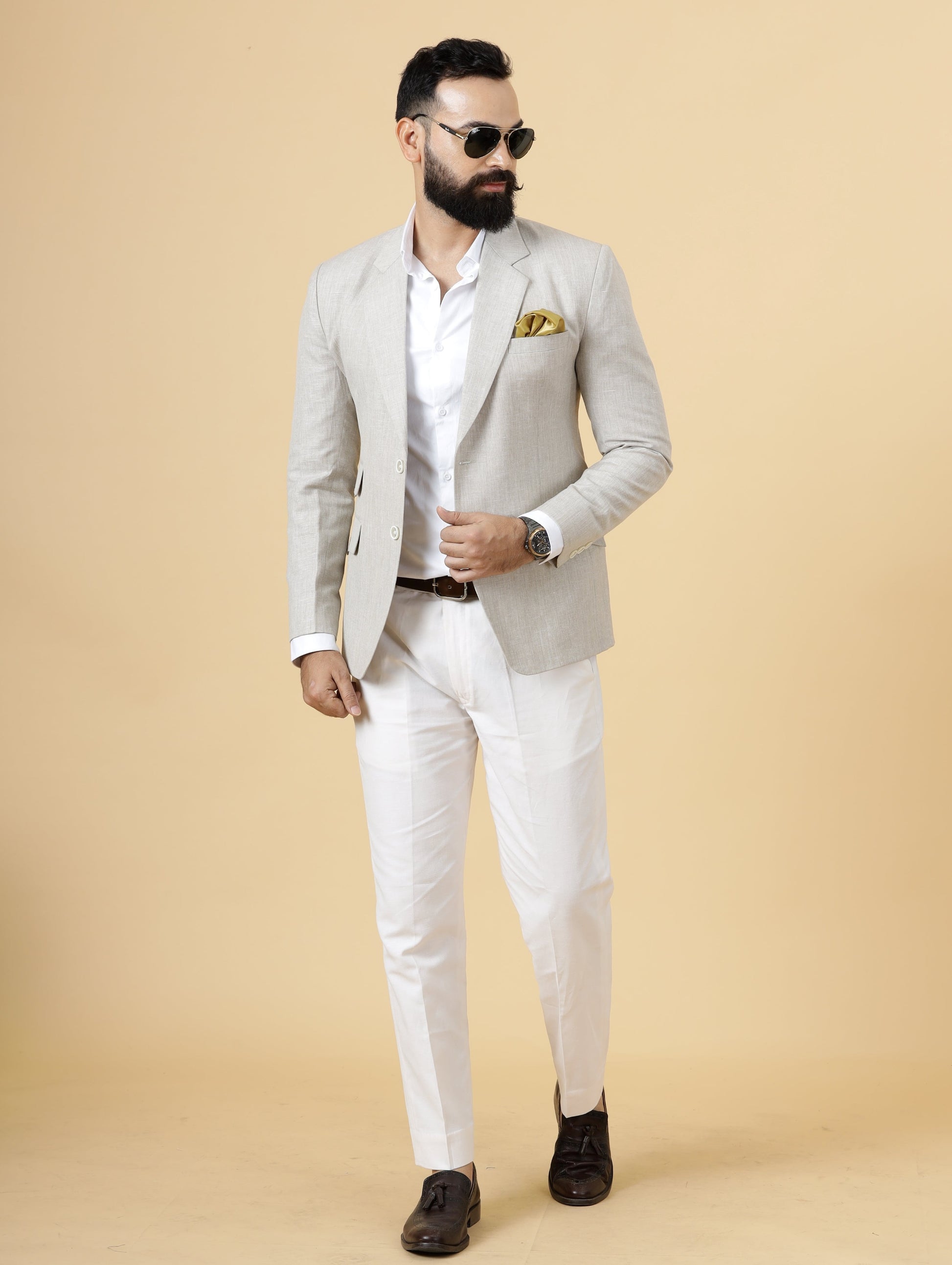 Classy Beige Linen 2-Piece Suit for Men White Trouser S