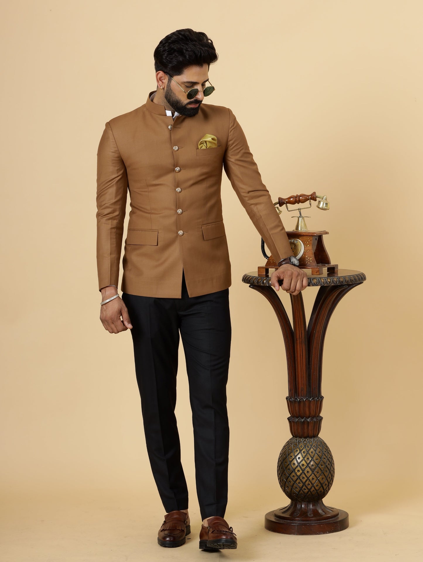 Exclusive Caramel Brown Jodhpuri Bandhgala with Black Trouser| Terry Rayon | Perfect for Cocktail party , Funtional wear, Festive  wear|