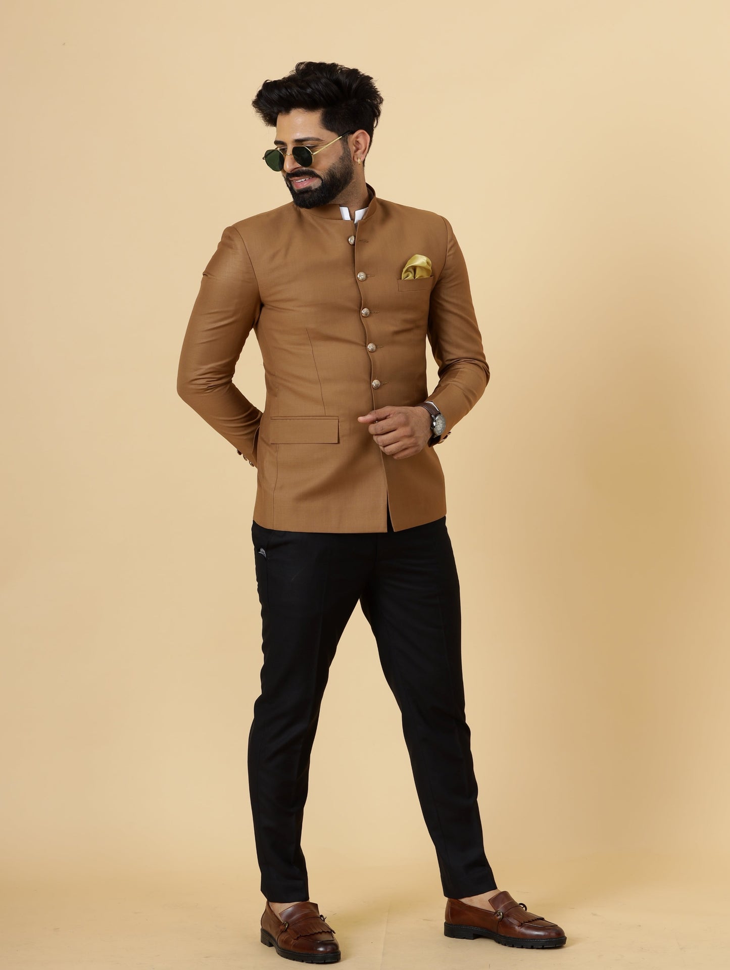 Exclusive Caramel Brown Jodhpuri Bandhgala with Black Trouser| Terry Rayon | Perfect for Cocktail party , Funtional wear, Festive  wear|