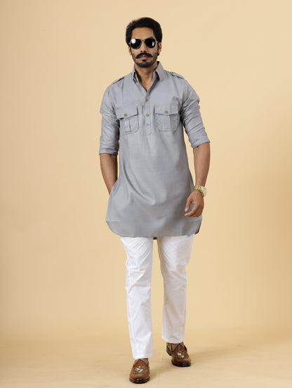 Steel Grey Hunting Style Kurta-Pajama Set