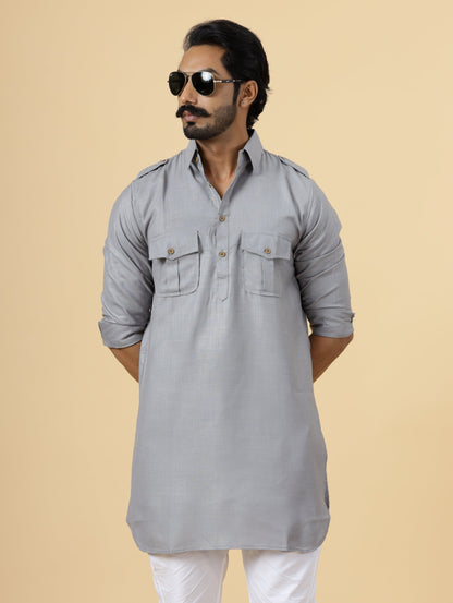 Steel Grey Hunting Style Kurta-Pajama Set