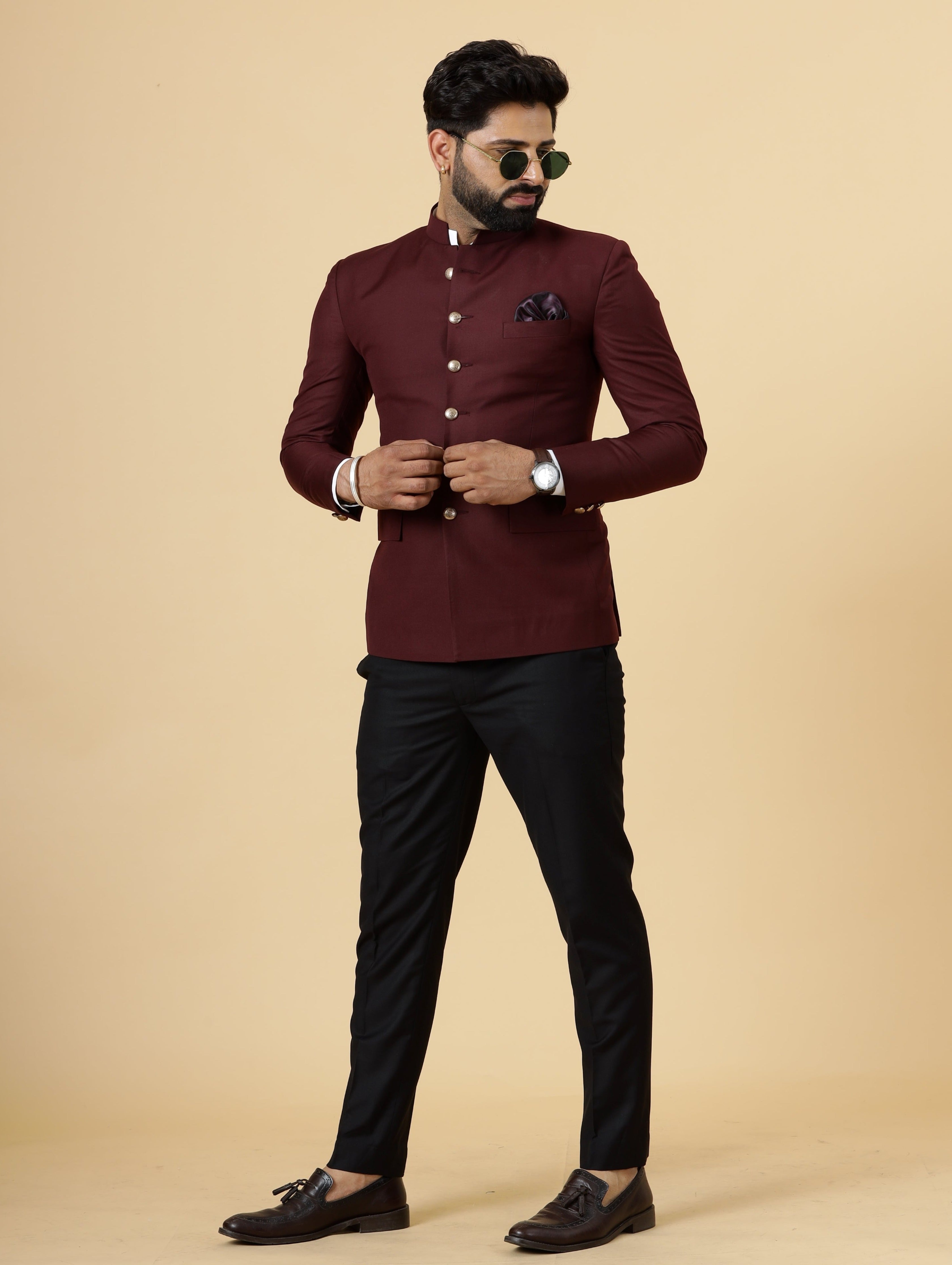 Exclusive Wine Jodhpuri Bandhgala with Black Trouser Terry Rayon Pe Rajanyas