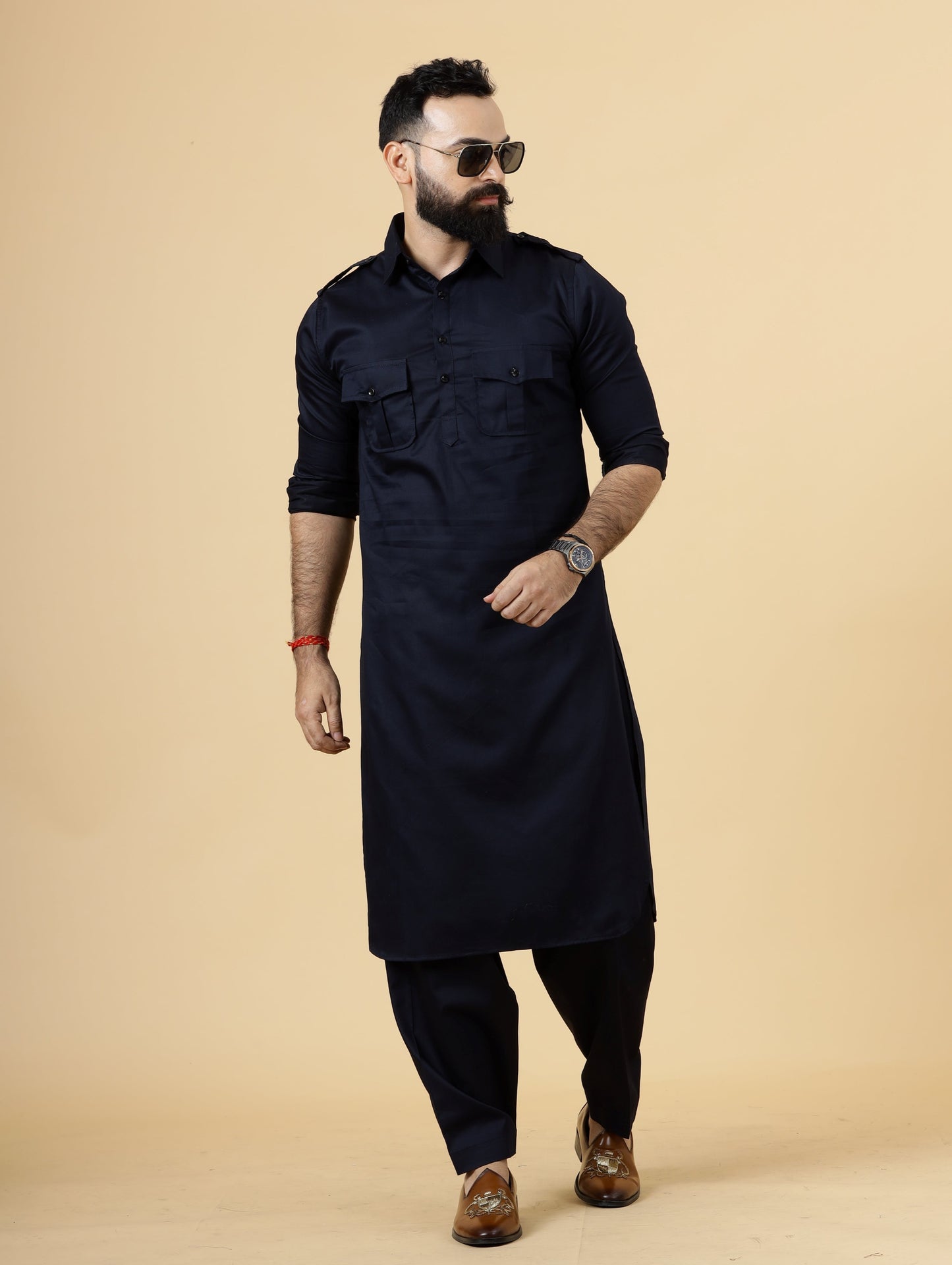 Classy Navy Blue Pathani Kurta-Salwar Set