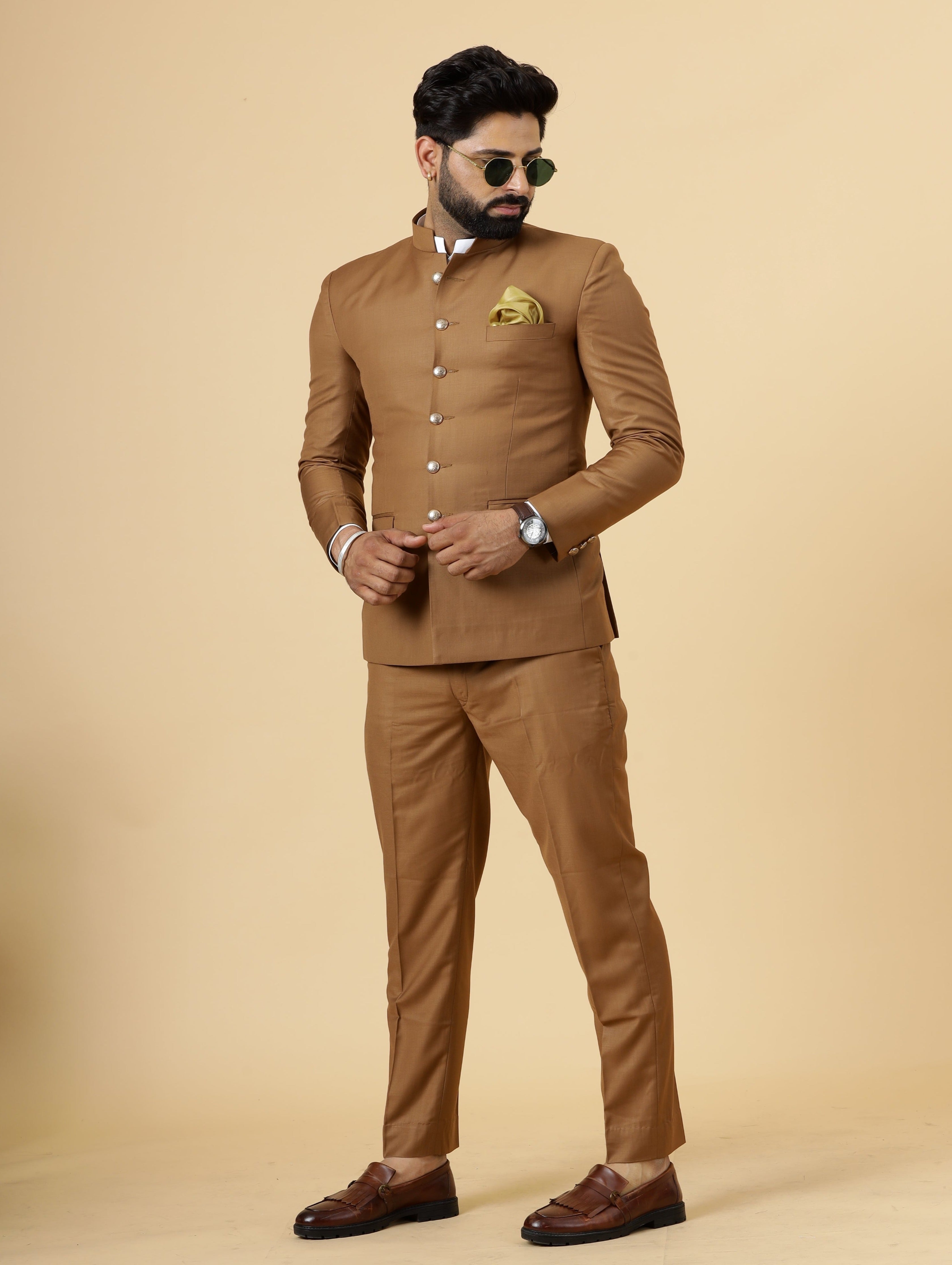 Traditional Caramel Brown Jodhpuri Suit Perfect for Wedding and Casu Rajanyas