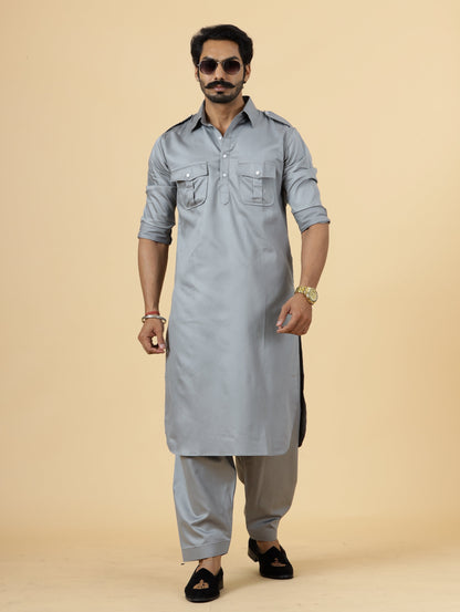 Classy Grey Pathani Kurta-Salwar Set