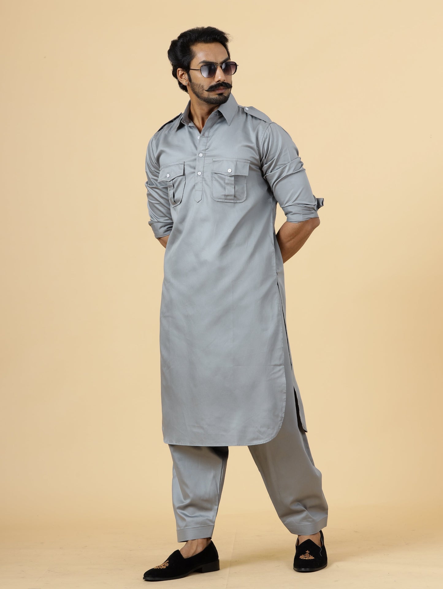 Classy Grey Pathani Kurta-Salwar Set