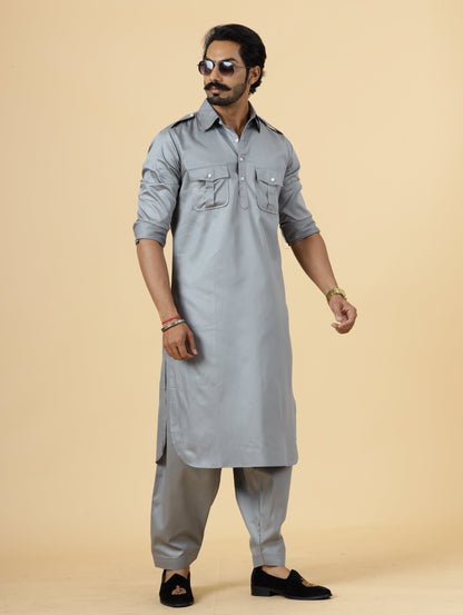 Classy Grey Pathani Kurta-Salwar Set