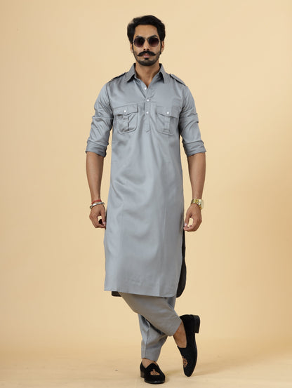 Classy Grey Pathani Kurta-Salwar Set