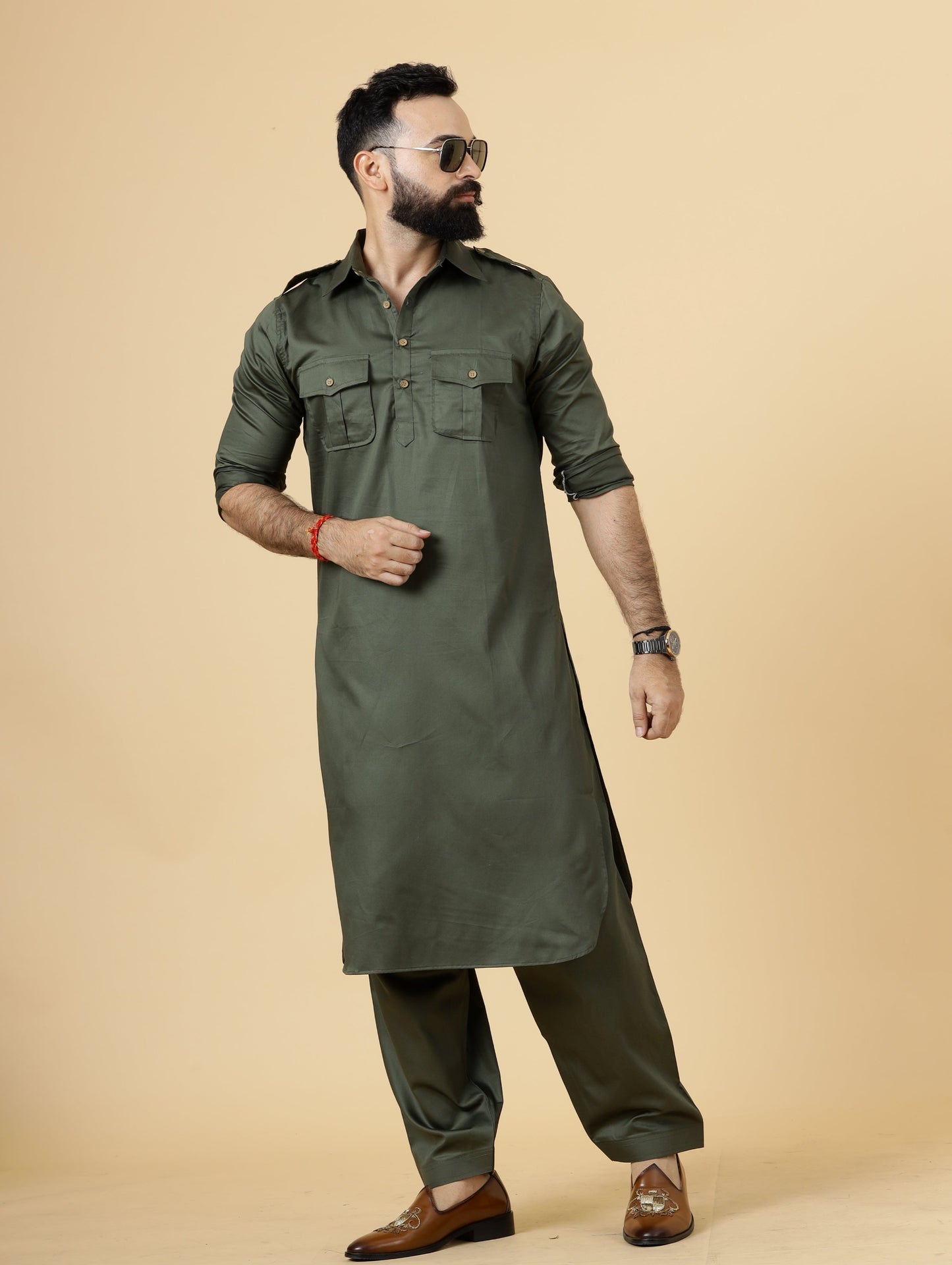 Classy Olive Green Pathani Kurta-Salwar Set