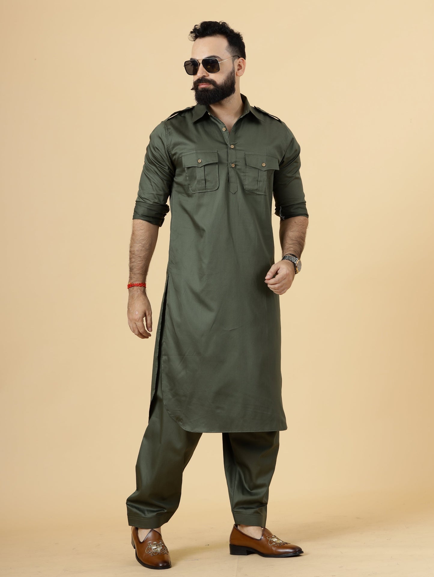 Classy Olive Green Pathani Kurta-Salwar Set