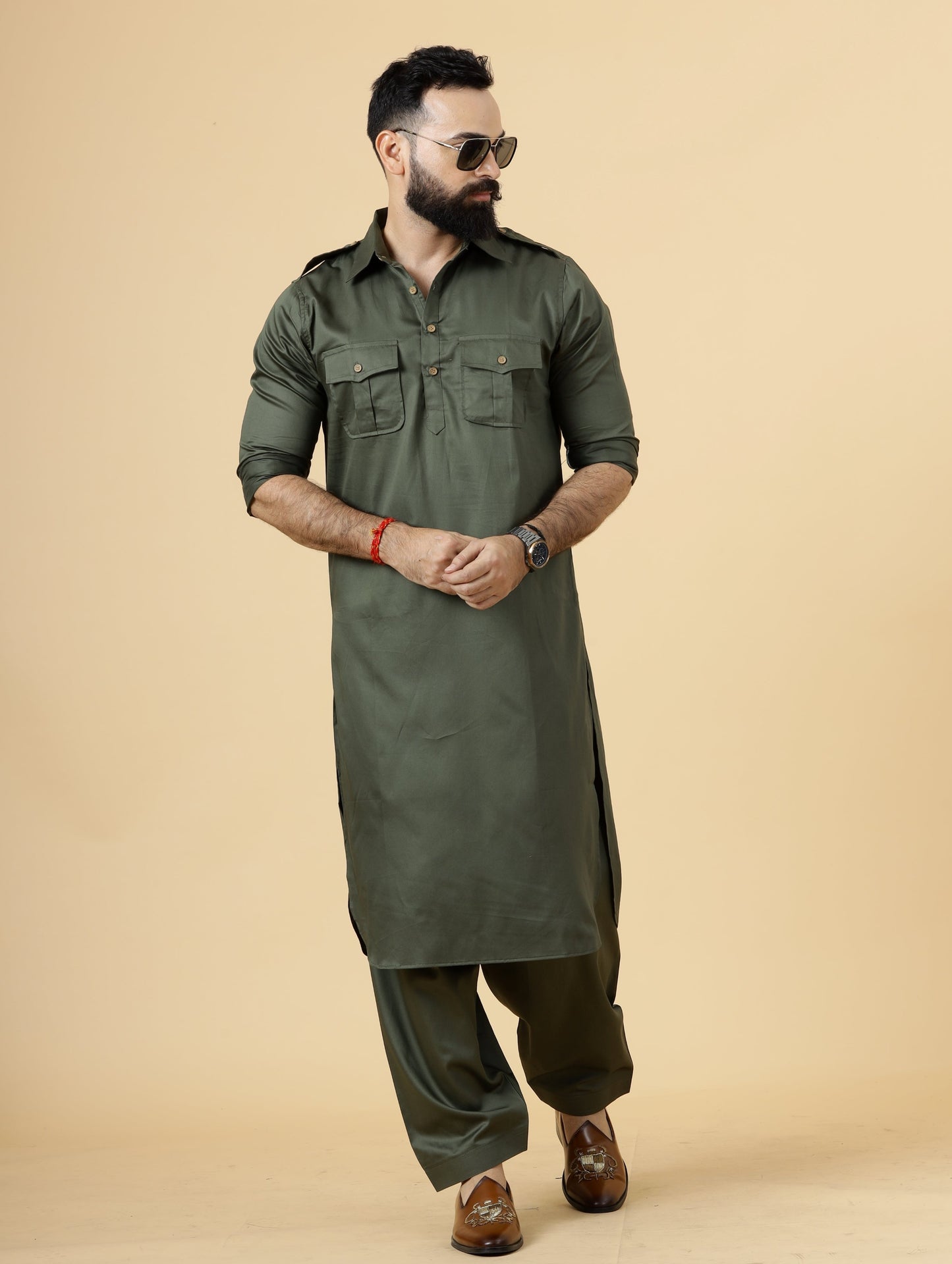 Classy Olive Green Pathani Kurta-Salwar Set