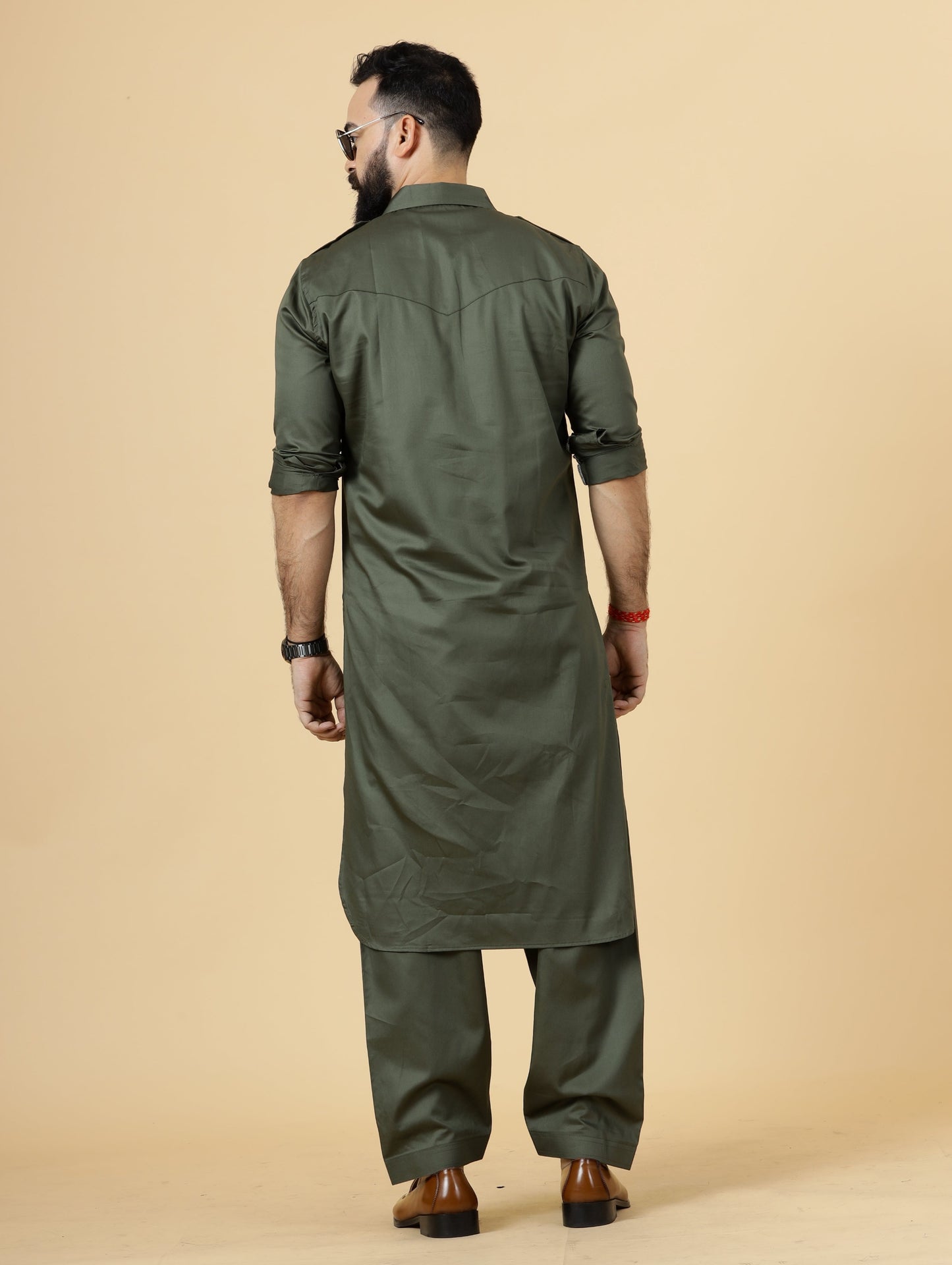 Classy Olive Green Pathani Kurta-Salwar Set