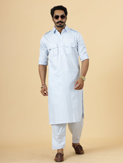 Classy Ice Blue Pathani Kurta-Salwar Set